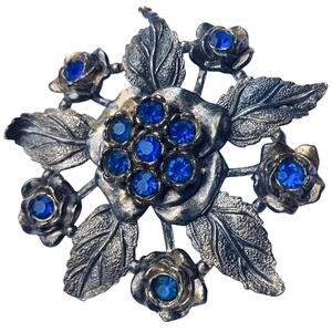 Vintage Mid Century Signed Little Nemo Floral Brooch Blue Rhinestone Flower Leaf